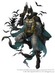  1boy abs animal_print bat bat_print batman batman_(series) bodysuit cape cape_hold crossover dc_comics full_body grappling_hook gun highres holding holding_gun holding_weapon ji_no mask muscular muscular_male official_art scarf sinoalice solid_eyes solo square_enix superhero torn_cape torn_clothes trigger_discipline weapon white_background 