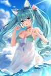  1girl animal_ear_fluff animal_ears aqua_eyes aqua_hair arms_up bangs bare_shoulders bell bikini blue_sky blush breasts cat_ears choker cleavage cloud commentary cowboy_shot day eyebrows_visible_through_hair green_bikini hair_between_eyes hair_ribbon hatsune_miku highres jingle_bell jua_k01 long_hair looking_at_viewer medium_breasts neck_bell open_mouth outdoors pink_choker pink_ribbon ribbon see-through side-tie_bikini sky solo standing swimsuit swimsuit_cover-up triangle_mouth twintails very_long_hair vocaloid wading 