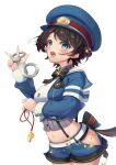  1girl absurdres aqua_eyes arm_under_breasts armband bangs black_bow black_bowtie black_hair blue_headwear blue_jacket blue_shorts blush bow bowtie breasts commentary cowboy_shot cropped_jacket cuffs eyebrows_visible_through_hair hand_up handcuffs hat highres holding holding_handcuffs holding_whistle hololive jacket looking_at_viewer medium_breasts midriff navel oozora_subaru open_mouth police police_hat police_uniform shirt short_hair short_shorts shorts shyi simple_background solo standing striped striped_shirt teeth uniform upper_teeth virtual_youtuber whistle white_background 