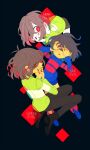  3others androgynous bangs black_background black_footwear brown_hair brown_pants brown_shorts chara_(undertale) child commentary_request covered_eyes deltarune diamond_(shape) frisk_(undertale) full_body green_shirt hand_on_own_face korean_commentary kris_(deltarune) leaning_forward looking_at_viewer multiple_others one_eye_covered pants purple_shirt red_eyes red_nails shirt shoes short_hair shorts soseji_(tjduswjd) striped striped_shirt teenage three_monkeys undertale 