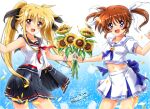  2girls black_ribbon black_sailor_collar blonde_hair blue_eyes blue_neckerchief brown_hair cowboy_shot crop_top dated dress fate_testarossa flower gradient gradient_background hair_ribbon long_hair lyrical_nanoha mahou_shoujo_lyrical_nanoha midriff multiple_girls neckerchief pleated_skirt red_eyes red_neckerchief ribbon sailor_collar san-pon school_uniform serafuku shirt skirt sleeveless sleeveless_dress sleeveless_shirt standing sunflower takamachi_nanoha twintails twitter_username two-tone_dress white_ribbon white_sailor_collar white_shirt white_skirt 