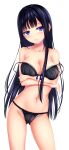  1girl absurdres ass_visible_through_thighs bangs bare_arms bare_shoulders black_bra black_hair black_panties blunt_bangs blush bra breasts cleavage collarbone commentary_request cowboy_shot crossed_arms eyebrows_visible_through_hair groin highres kurokami_(kurokaminohito) lace-trimmed_bra lace-trimmed_panties lace_trim large_breasts long_hair looking_at_viewer original panties parted_lips pink_nails simple_background smile solo strap_slip underwear underwear_only very_long_hair white_background 