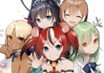  5girls animal_ears black_hair blonde_hair blush ceres_fauna collar dark-skinned_female dark_skin everyone green_hair grin hakos_baelz holocouncil hololive hololive_english limiter_(tsukumo_sana) mouse_ears mouse_girl multiple_girls nanashi_mumei ouro_kronii red_hair smile spiked_collar spikes tsukumo_sana upper_body v-shaped_eyebrows virtual_youtuber xoaiu 