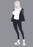  1girl absurdres aqua_eyes bad_id bad_pixiv_id breasts full_body gopnik grey_background highres large_breasts last_origin long_hair looking_at_viewer mnemosyne_(last_origin) nadan_(saf503) shoes silver_hair simple_background sneakers solo tank_top track_suit 