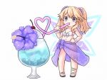  1girl bare_shoulders bikini blonde_hair blue_eyes blush breasts cherry choujigen_game_neptune collarbone crazy_straw deformed drink drinking_straw eyebrows_visible_through_hair flower food fruit full_body heart_straw highres histoire holding long_hair minigirl neptune_(series) novus_rue purple_sarong sandals sarong see-through_sarong simple_background small_breasts solo swimsuit twintails white_background 