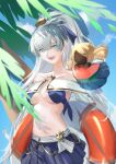  1girl anastasia_(fate) anastasia_(swimsuit_archer)_(fate) bangs bare_shoulders bikini blue_bikini blue_eyes blue_skirt blue_sky blush bow breasts cleavage collarbone doll fate/grand_order fate_(series) hair_bow hair_over_one_eye highres innertube long_hair long_sleeves looking_at_viewer medium_breasts miniskirt navel open_mouth palm_tree ponytail powerless puffy_long_sleeves puffy_sleeves silver_hair skirt sky smile swimsuit tree very_long_hair viy_(fate) 
