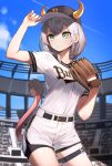  1girl absurdres adjusting_clothes adjusting_headwear bangs baseball_cap baseball_jersey baseball_mitt baseball_uniform belt black_belt black_headwear blue_sky blush breasts contrapposto cowboy_shot ekta fake_horns green_eyes hat highres hololive horned_headwear horns large_breasts medium_hair nippon_professional_baseball orix_buffaloes shirogane_noel shorts silver_hair sky solo sportswear stadium tail thigh_strap virtual_youtuber white_shorts 