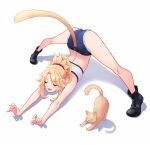 1girl :3 ass bandeau black_footwear blonde_hair blush boots cat cat_stretch cat_tail closed_eyes denim denim_shorts eyebrows_visible_through_hair fate/grand_order fate_(series) highres jack-o&#039;_challenge long_hair mordred_(fate) mordred_(fate/apocrypha) open_mouth pankeiki red_scrunchie scrunchie shadow short_shorts shorts solo spread_legs stretch tail whiskers wide_spread_legs 