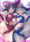  2girls apple_magician_girl aqua_hair bangs black_hair blush breasts cameltoe choco_magician_girl cowboy_shot duel_monster hat highres large_breasts multiple_girls navel open_mouth pointy_ears red_eyes suzume_inui thighhighs underboob wizard_hat yu-gi-oh! 
