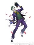  1boy batman_(series) blue_gloves book card clown colored_skin crazy_smile crossover dc_comics full_body gloves green_hair green_vest grin highres holding holding_book ji_no joker_(dc) looking_at_viewer makeup official_art playing_card purple_suit sinoalice smile solo square_enix tailcoat vest white_background white_skin 