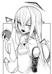  1other androgynous angry_num apple bangs collarbone eyebrows_visible_through_hair fangs food fruit greyscale halo halter_top halterneck highres holding holding_food holding_fruit hololive hololive_english long_hair mechanical_arms monochrome omega_alpha open_mouth single_mechanical_arm solo triangle_halo virtual_youtuber 