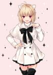  1girl :3 alternate_costume animal_ears antenna_hair arcueid_brunestud bangs black_bow black_bowtie black_footwear blonde_hair blush blush_stickers boots bow bowtie buttons capelet cat_ears commentary_request dress eyebrows_visible_through_hair fingernails hand_on_hip hipo jewelry kemonomimi_mode long_sleeves looking_at_viewer necklace official_alternate_costume red_eyes short_hair solo thighhighs tsukihime tsukihime_(remake) turtleneck vampire white_capelet white_dress 