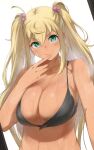  1girl blonde_hair blush breasts cleavage closed_mouth dark-skinned_female dark_skin dumbbell_nan_kilo_moteru? green_eyes hair_between_eyes hair_bobbles hair_ornament highres kasseus_maximus large_breasts long_hair looking_at_viewer sakura_hibiki solo sweat upper_body white_background 