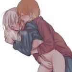  2girls blonde_hair blush bottomless closed_eyes clothes_lift fingering hood hoodie inuko_(ink0425) long_hair multiple_girls one_eye_closed original shirt_lift short_hair sketch sweat white_hair yuri 