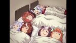  6+girls animal_ears bed blanket brown_hair daiwa_scarlet_(umamusume) ear_covers gold_ship_(umamusume) hair_intakes hair_ornament highres horse_ears horse_girl light_brown_hair long_hair lying mafty mejiro_mcqueen_(umamusume) multicolored_hair multiple_girls on_back on_bed orange_hair purple_hair silence_suzuka_(umamusume) sketch sleeping special_week_(umamusume) streaked_hair suiyou_dou_de_shou sweatdrop tokai_teio_(umamusume) two-tone_hair umamusume vodka_(umamusume) white_hair 