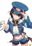  1girl absurdres aqua_eyes arm_up armband bangs black_bow black_bowtie black_hair blowing_whistle blue_headwear blue_jacket blue_shorts blush bow bowtie commentary cowboy_shot cropped_jacket cuffs eyebrows_visible_through_hair hand_on_headwear hand_up handcuffs hat highres holding holding_handcuffs hololive jacket looking_at_viewer midriff mouth_hold oozora_subaru police police_hat police_uniform shirt short_hair short_shorts shorts shyi simple_background solo standing striped striped_shirt uniform virtual_youtuber whistle whistle_around_neck white_background white_jacket 