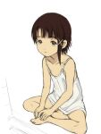  1girl asymmetrical_hair barefoot brown_eyes brown_hair closed_mouth collarbone commentary dress e10 full_body hair_ornament hairclip iwakura_lain looking_at_viewer serial_experiments_lain short_hair sitting skirt sleeveless solo white_dress x_hair_ornament 