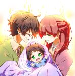  1girl 2boys baby black_hair closed_eyes couple family father_and_son glasses green_eyes harry_potter harry_potter_(series) highres holding_baby james_potter kapirusu lily_evans long_hair mother_and_son multiple_boys red_hair scar scar_on_face scar_on_forehead smile 