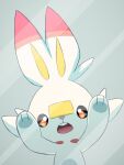  against_glass commentary_request hands_up looking_at_viewer no_humans open_mouth orange_eyes pokemon pokemon_(creature) purobe scorbunny solo teeth tongue upper_teeth 