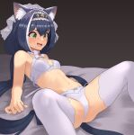  1girl aloe_(sos961111) animal_ear_fluff animal_ears arm_support bangs bed bed_sheet black_hair bow bowtie bra breasts cat_ears cat_girl cat_tail choker eyebrows_visible_through_hair fang green_eyes hair_between_eyes hair_ribbon hairband highres karyl_(princess_connect!) long_hair low_twintails lying multicolored_hair nervous_smile on_back on_bed open_mouth panties princess_connect! ribbon sheet_grab small_breasts solo spread_legs stomach streaked_hair sweat tail tears thighhighs twintails underwear underwear_only very_long_hair white_bow white_bra white_choker white_hair white_legwear white_panties white_ribbon 