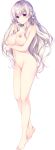  1girl absurdres arm_under_breasts bangs barefoot braid breasts completely_nude eyebrows_visible_through_hair full_body highres large_breasts long_hair looking_back navel nipples nude official_art photoshop_(medium) purple_eyes renjouji_mai secret_agent_~kishi_gakuen_no_shinobi_naru_mono~ smile solo tachi-e transparent_background twin_braids white_hair 