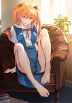  1girl arm_support artist_name backlighting bare_legs barefoot bloom blue_eyes blue_skirt couch feet feet_on_chair hair_between_eyes legs legs_folded long_hair looking_at_viewer neon_genesis_evangelion on_couch open_mouth orange_hair red_neckwear red_ribbon ribbon school_uniform short_sleeves sitting skirt solo souryuu_asuka_langley sydus toenails toes two_side_up window 