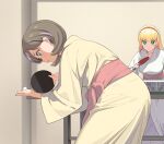  2girls a1 ball bath_yukata blonde_hair blue_eyes blush brown_hair commentary_request fingernails heanna_sumire japanese_clothes kimono leaning_forward love_live! love_live!_superstar!! multicolored_hair multiple_girls paddle purple_hair shiny shiny_hair short_hair smile streaked_hair table_tennis table_tennis_ball table_tennis_paddle tang_keke yukata 