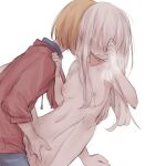  2girls blonde_hair blush breasts completely_nude fingering hair_over_eyes inuko_(ink0425) long_hair multiple_girls nude original short_hair sketch sweat white_hair yuri 