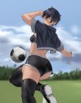  1girl artist_name ass ball bandaid bandaid_on_nose black_footwear black_hair black_legwear black_shirt black_shorts black_sports_bra blue_sky blurry blurry_background cloud cloudy_sky commentary dated_commentary highres hunyan midriff original shirt shoes short_hair short_sleeves shorts sky soccer_ball solo sports_bra thighhighs tomboy tomboy_(hunyan) 