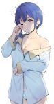  1girl alp bangs blue_hair bokutachi_no_remake breasts bubble buttons cleavage closed_mouth collarbone collared_shirt commentary_request cowboy_shot dress_shirt eyebrows_visible_through_hair hair_between_eyes hands_up head_tilt highres large_breasts long_sleeves looking_at_viewer messy_hair no_bra no_pants off_shoulder one_eye_closed panties pink_eyes rubbing_eyes shade shino_aki shirt short_hair simple_background single_bare_shoulder sleepy sleeves_past_wrists solo standing underwear white_background white_panties white_shirt 
