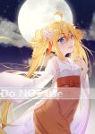  1girl :d ahoge bangs blonde_hair blue_eyes breasts cloud commentary_request english_text eyebrows_visible_through_hair flower full_moon hair_between_eyes hair_flower hair_ornament hakama hakama_skirt hand_up highres holding japanese_clothes kimono long_hair long_sleeves looking_at_viewer mo_(pixiv9929995) moon night night_sky open_mouth original outdoors red_hakama skirt sky small_breasts smile solo star_(sky) starry_sky twintails very_long_hair watermark white_flower white_kimono wide_sleeves 