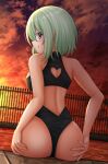  1girl :q ass backless_swimsuit bangs bare_arms bare_shoulders black_swimsuit breasts clothing_cutout commentary druj_(jahy) eyebrows_visible_through_hair fence from_behind green_hair hair_between_eyes heart_cutout highres jahy-sama_wa_kujikenai! kazenokaze looking_at_viewer looking_back medium_breasts one-piece_swimsuit outdoors pointy_ears purple_eyes sitting solo sunset swimsuit tongue tongue_out water 