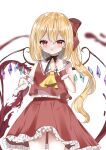  1girl :o adapted_costume ambiguous_red_liquid ascot bare_shoulders black_choker black_ribbon blonde_hair blurry blurry_background blush bow chestnut_mouth choker commentary_request cowboy_shot crystal cup depth_of_field drinking_glass eyebrows_visible_through_hair flandre_scarlet hair_between_eyes hair_bow hand_up highres looking_at_viewer no_hat no_headwear okome2028 one_side_up parted_lips petticoat red_bow red_eyes red_skirt red_vest ribbon ribbon_choker short_hair simple_background skirt solo spilling touhou vest white_background wine_glass wings wrist_cuffs yellow_ascot 