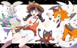 1girl :d bad_id bad_pixiv_id bag banned_artist brown_hair collarbone commentary_request eyelashes floral_print flower hat hat_flower holding holding_poke_ball holding_strap leaf litten long_hair looking_at_viewer lycanroc lycanroc_(dusk) magearna nin_(female) open_mouth orange_shirt petals poke_ball poke_ball_(basic) pokemon pokemon_(creature) pokemon_(game) pokemon_usum selene_(pokemon) shirt shorts shoulder_bag sleeveless sleeveless_shirt smile teeth tongue upper_teeth white_shorts 