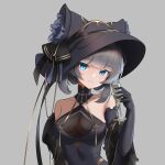  1girl absurdres animal_ears azur_lane bare_shoulders black_dress black_gloves black_headwear blue_eyes breasts champagne_flute cheshire_(azur_lane) cheshire_(cait_sith_crooner)_(azur_lane) china_dress chinese_clothes cleavage_cutout clothing_cutout cup dress drinking_glass elbow_gloves eyebrows_visible_through_hair fake_animal_ears fang feather_boa fedora flower gloves grey_background grey_hair hat hat_flower highres large_breasts long_hair looking_at_viewer medium_breasts official_alternate_costume see-through simple_background sleeveless sleeveless_dress upper_body yibanmaotou 