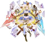  1girl alice_(ark_order) animal_ears apron ark_order asymmetrical_legwear back_bow bandaged_leg bandages blonde_hair blue_bow blue_eyes blue_skirt book boots bow bowtie braid brown_footwear bunny cake card cat center_frills club_(shape) corset crown cup diamond_(shape) dual_wielding earrings fake_animal_ears fire food frilled_skirt frills full_body garter_straps hat heart holding holding_sword holding_weapon horizontal_stripes jewelry juliet_sleeves long_hair long_sleeves looking_at_viewer mini_crown mismatched_legwear monocle mushroom official_art open_book paper plate playing_card pocket_watch pppppan puffy_sleeves rabbit_ears rapier shirt skirt solo spade_(shape) striped striped_legwear sword tachi-e tea teacup teapot thigh_strap thighhighs top_hat transparent_background vertical-striped_legwear vertical_stripes very_long_hair watch weapon white_apron white_bow white_shirt 