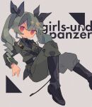  1girl :&gt; anchovy_(girls_und_panzer) anzio_military_uniform bad_id bad_tumblr_id bangs belt black_belt black_footwear black_necktie black_ribbon boots breast_pocket c: closed_mouth copyright_name daizu_(melon-lemon) drill_hair elbow_rest eyebrows_visible_through_hair eyes_visible_through_hair film_grain foot_out_of_frame from_side girls_und_panzer gradient_eyes grey_background grey_hair grey_jacket grey_pants hair_between_eyes hair_ribbon highres jacket knee_boots knee_up long_hair long_sleeves looking_at_viewer looking_to_the_side multicolored_eyes necktie no_nose outstretched_leg pants pink_eyes pocket red_eyes ribbon riding_crop sam_browne_belt sidelocks sitting smile solo twin_drills twintails v-shaped_eyebrows wing_collar 