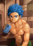  1boy abs artist_name bangs bara blue_eyes blue_hair camus_(dq11) collarbone commentary_request cup dragon_quest dragon_quest_xi drinking drinking_straw earrings fingerless_gloves gloves holding holding_cup indoors jewelry large_pectorals male_focus muscular muscular_male pants pectorals short_hair sitting solo sweat torakichi_(ebitendon) upper_body 
