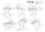  1990s_(style) 1boy absurdres adjusting_eyewear aida_kensuke character_name character_sheet collared_shirt expressions freckles glasses greyscale highres male_focus monochrome multiple_views neon_genesis_evangelion official_art portrait production_art production_note retro_artstyle sadamoto_yoshiyuki shirt short_hair simple_background turnaround white_background zip_available 