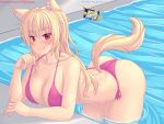  1girl :q animal_ear_fluff animal_ears ass bangs bare_arms bare_shoulders bent_over bikini blonde_hair blush breasts cat_ears cat_girl cat_tail cleavage closed_mouth commentary eyebrows_visible_through_hair halterneck highres large_breasts long_hair looking_at_viewer nottytiffy original patreon_username pink_bikini pool red_eyes side-tie_bikini slit_pupils smile solo strap_pull string_bikini swimsuit tail thighs tiffy_(nottytiffy) tongue tongue_out 
