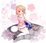  1girl :d animal ark_order artist_request bag bangs blue_bag brown_footwear bunny cherry_blossoms falling_petals faux_figurine flower full_body gochuumon_wa_usagi_desu_ka? hair_flower hair_ornament hairclip holding holding_animal holding_bunny hoto_cocoa hoto_cocoa&#039;s_school_uniform jacket loafers long_sleeves medium_hair official_art open_mouth orange_hair petals pink_jacket pleated_skirt purple_eyes sailor_collar school_bag school_uniform shoes sitting skirt smile solo sparkle stone_floor thighhighs tippy_(gochiusa) transparent_background wariza white_legwear white_sailor_collar white_skirt 