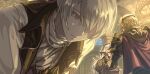  1girl 2boys armor bangs black_armor black_dress black_gloves black_hairband black_jacket blonde_hair bowing breasts brooch brother_and_sister butler cape chandelier circlet close-up closed_mouth commentary_request corrin_(fire_emblem) corrin_(fire_emblem)_(female) dated_commentary dress european_clothes eyebrows_visible_through_hair face fire_emblem fire_emblem_fates gauntlets gloves gold_trim hair_over_one_eye hairband hand_on_another&#039;s_cheek hand_on_another&#039;s_face harusame_(rueken) indoors jacket jakob_(fire_emblem) jewelry juliet_sleeves long_hair long_sleeves looking_at_another medium_breasts multiple_boys puffy_sleeves red_cape red_eyes shade shiny shiny_hair shirt short_hair shoulder_armor siblings silver_hair standing swept_bangs white_shirt xander_(fire_emblem) 