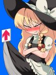  1girl absurdres angry apron arrow_(symbol) bangs black_headwear black_vest blonde_hair blue_background blush body_blush bow braid clenched_teeth clothes_lift commentary_request cookie_(touhou) cowboy_shot crossed_arms eyebrows_visible_through_hair frilled_apron frills gaba_physics glaring hair_bow hat hat_bow highres kirisame_marisa lifted_by_another long_hair red_bow scowl side_braid simple_background single_braid skirt skirt_lift solo star_(symbol) suzu_(cookie) sweat teeth touhou vest waist_apron white_apron white_bow witch_hat zat_(nicoseiga16862246) 