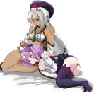  2girls altera_(fate) ass bare_shoulders blush breasts choker closed_mouth dark-skinned_female dark_skin detached_sleeves dress fate/grand_order fate_(series) hat helena_blavatsky_(fate) long_hair multiple_girls purple_eyes purple_hair short_hair shousetsu simple_background small_breasts strapless tattoo thighhighs white_background white_hair white_sleeves 