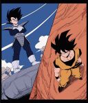  2boys ankle_boots armor arms_at_sides black_border black_eyes black_hair black_wristband blue_bodysuit blue_sky bodysuit boots border clenched_hands closed_mouth clothes_writing cloud cloudy_sky condensation_trail crossed_arms day dougi dragon_ball dragon_ball_z dutch_angle from_above from_below full_body gloves highres kz_(dbz_kz) legs_apart looking_down male_focus messy_hair monkey_tail multiple_boys muscular muscular_male outdoors pectorals perspective rock saiyan_armor serious shadow sideways_glance sky smirk son_goku spiked_hair split_screen standing tail tail_around_waist v-shaped_eyebrows vegeta white_footwear white_gloves wristband 