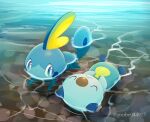  :&lt; afloat blue_eyes bright_pupils closed_eyes closed_mouth commentary_request looking_to_the_side lying no_humans on_back oshawott pokemon pokemon_(creature) purobe sobble swimming white_pupils 