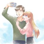  1boy 1girl aida_kensuke beard blue_eyes brown_eyes brown_hair cellphone couple day earrings evangelion:_3.0+1.0_thrice_upon_a_time facial_hair grin hand_on_another&#039;s_chest hug jewelry long_hair looking_up neon_genesis_evangelion older open_mouth phone rebuild_of_evangelion smile souryuu_asuka_langley standing sweater 