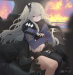  1boy 1girl crying girls&#039;_frontline grey_hair gun highres j_(girls&#039;_frontline) lap_pillow long_hair petting red_eyes smile sp9_(girls&#039;_frontline) stribog_sp9 submachine_gun very_long_hair vinsentyu weapon 