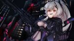  1girl bangs black_gloves building commentary english_commentary gloves grey_hair gun hair_ornament hairclip holding holding_gun holding_weapon indie_virtual_youtuber long_hair looking_at_viewer navel open_mouth optionaltypo ponytail red_eyes saruei_(vtuber) scar scar_across_eye shadow smile solo upper_body virtual_youtuber weapon 