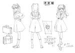  1990s_(style) 1girl absurdres adjusting_hair character_name character_sheet from_behind full_body greyscale hand_on_hip highres kneehighs long_hair looking_to_the_side monochrome multiple_views neon_genesis_evangelion official_art production_art retro_artstyle roman_numeral sadamoto_yoshiyuki school_uniform shoes simple_background souryuu_asuka_langley turnaround uwabaki watch white_background wristwatch zip_available 